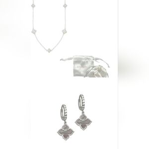 Adornia Clover Silver Mother Of Pearl Necklace And Dangle Earrings NIB